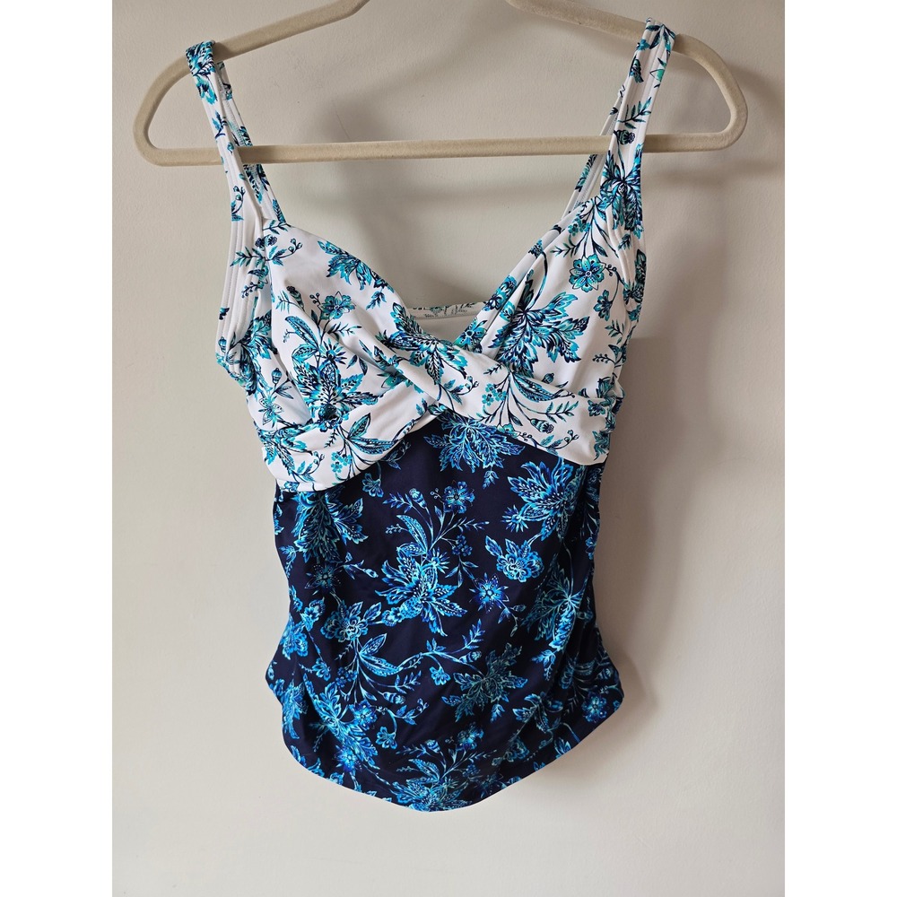 Lands End Blue Floral Twist Front Tankini Top Adjustable Straps Size 4